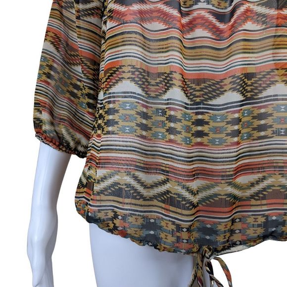 Speechless XL Aztec Tribal Geometric Design Sheer V Neck 3/4 Sleeve Blouse - Picture 4 of 10